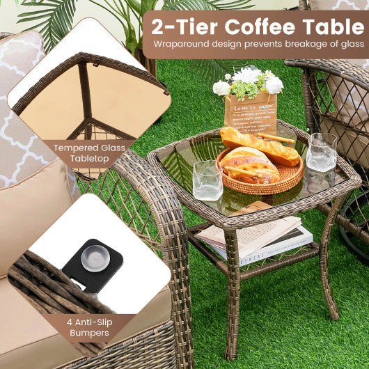 3 Pieces Outdoor Wicker Conversation Set with Tempered Glass Coffee Table-Beige