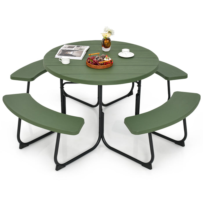 8-Person Outdoor Picnic Table and Bench Set with Umbrella Hole-Green