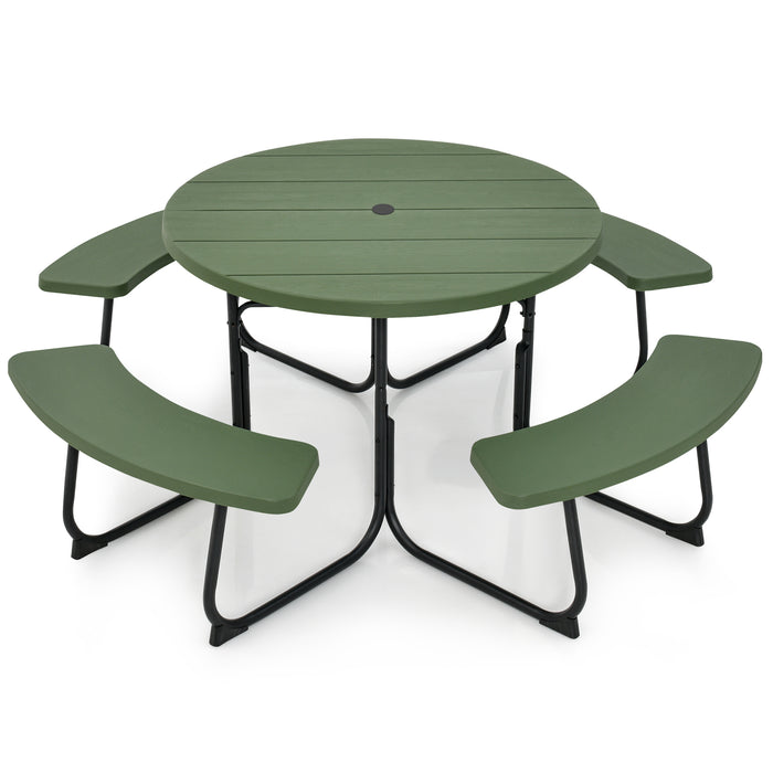 8-Person Outdoor Picnic Table and Bench Set with Umbrella Hole-Green