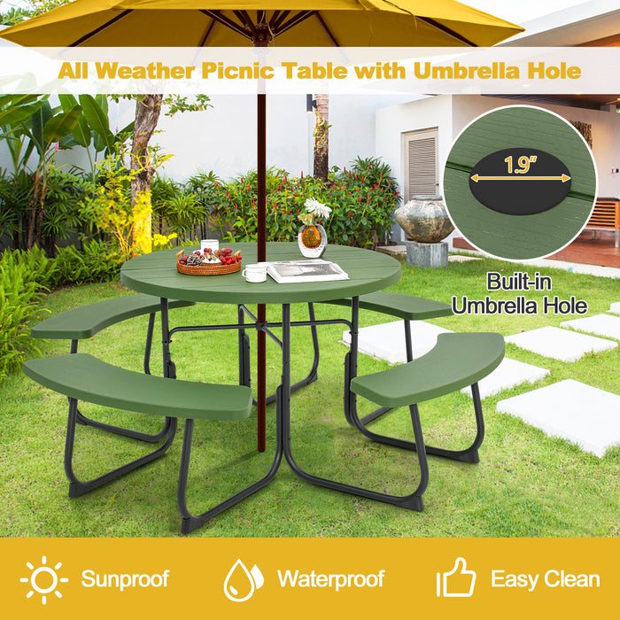 8-Person Outdoor Picnic Table and Bench Set with Umbrella Hole-Green