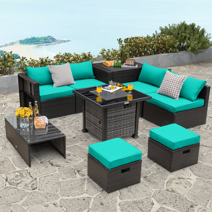 Outdoor 9 Pieces Patio Furniture Set with 50 000 BTU Propane Fire Pit Table-Turquoise