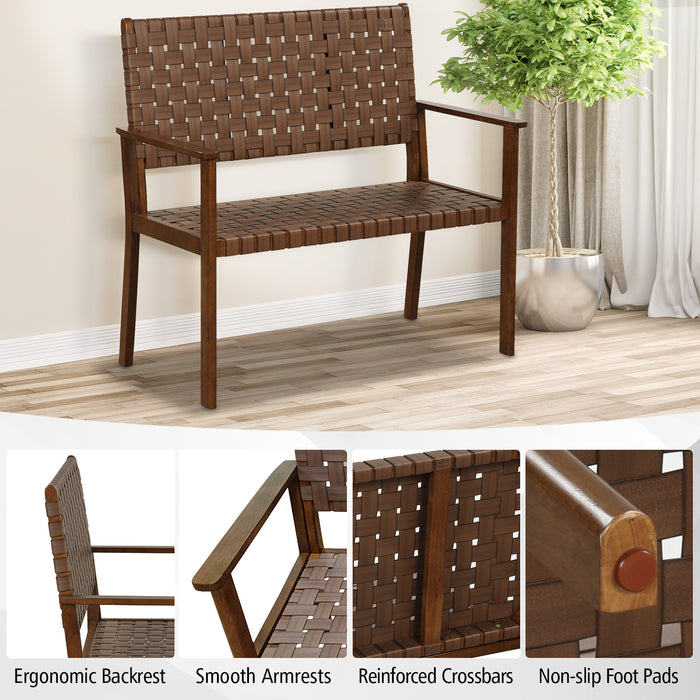 Outdoor All Weather Bench with Solid Rubber Wood Frame and Hand Woven PU Leather-Brown