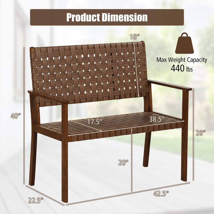 Outdoor All Weather Bench with Solid Rubber Wood Frame and Hand Woven PU Leather-Brown