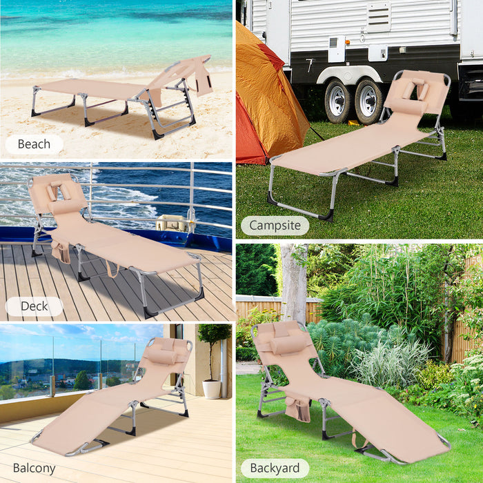 Folding Beach Lounge Chair with Pillow for Outdoor-Beige