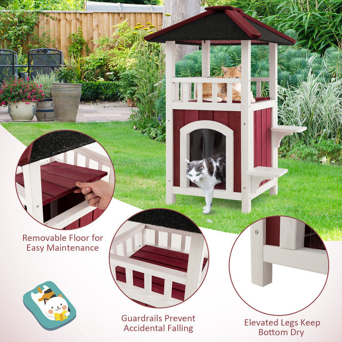 2-Story Wooden Cat House with Asphalt Roof Balcony and Rain Curtain-Red & White