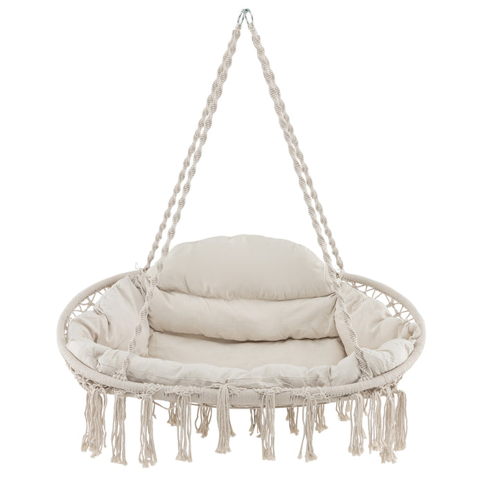 Hand-Woven Rope Hanging Chair with Thick Cushion and Folding Metal Frame-Beige