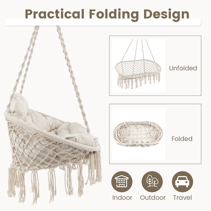 Hand-Woven Rope Hanging Chair with Thick Cushion and Folding Metal Frame-Beige