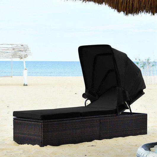 Outdoor Adjustable Cushioned Chaise Lounge Chair with Folding Canopy-Black