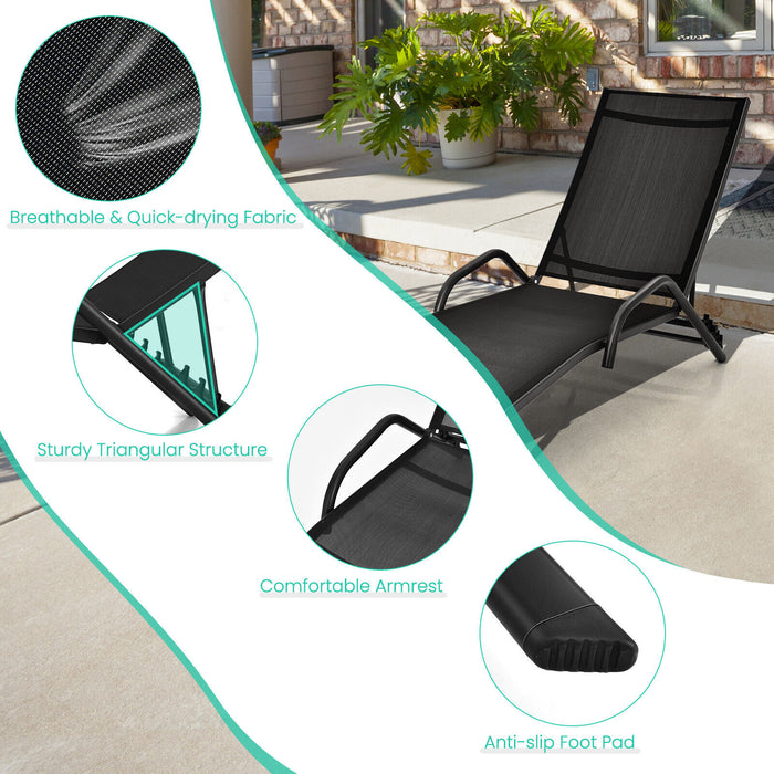 2 Pieces Outdoor Chaise Lounge with 5-Position Adjustable Backrest-Black