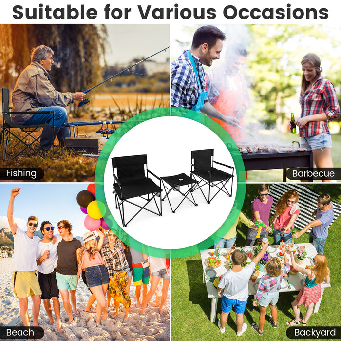 Outdoor Folding Camping Chairs and Table Set with Carrying Bag-Black