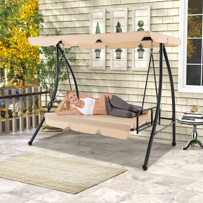 2-Seat Outdoor Convertible Swing Chair with Flat Bed and Adjustable Canopy-Beige