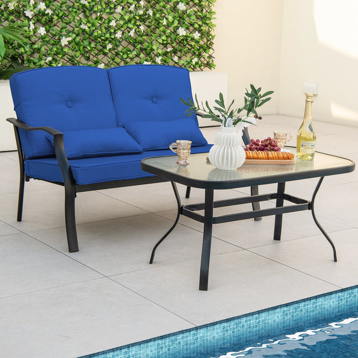 Outdoor Loveseat Chair Set with Coffee Table and Seat Back Cushions-Navy