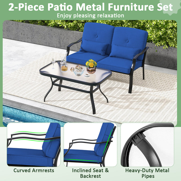 Outdoor Loveseat Chair Set with Coffee Table and Seat Back Cushions-Navy