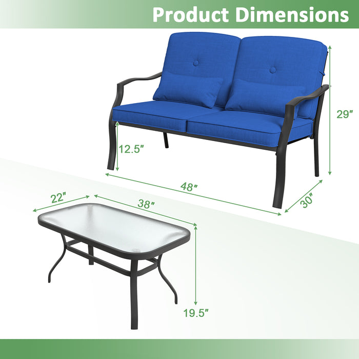 Outdoor Loveseat Chair Set with Coffee Table and Seat Back Cushions-Navy