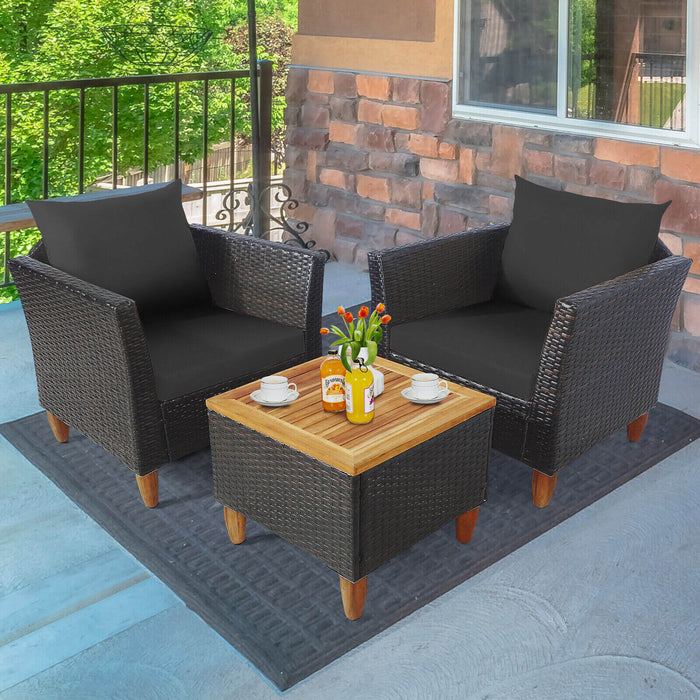 3 Pieces Patio Rattan Bistro Furniture Set with Wooden Table Top-Black