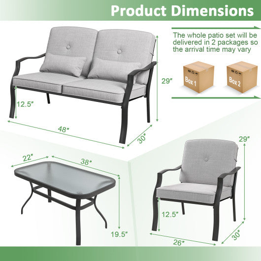 4 Pieces Outdoor Conversation Set with Seat Back Cushions and Waist Pillows-Gray