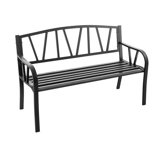 Patio Garden Bench with Metal Frame and Slatted Seat-Black