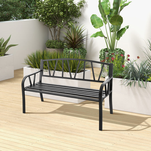 Patio Garden Bench with Metal Frame and Slatted Seat-Black