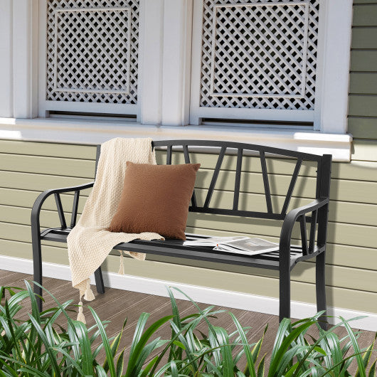 Patio Garden Bench with Metal Frame and Slatted Seat-Black