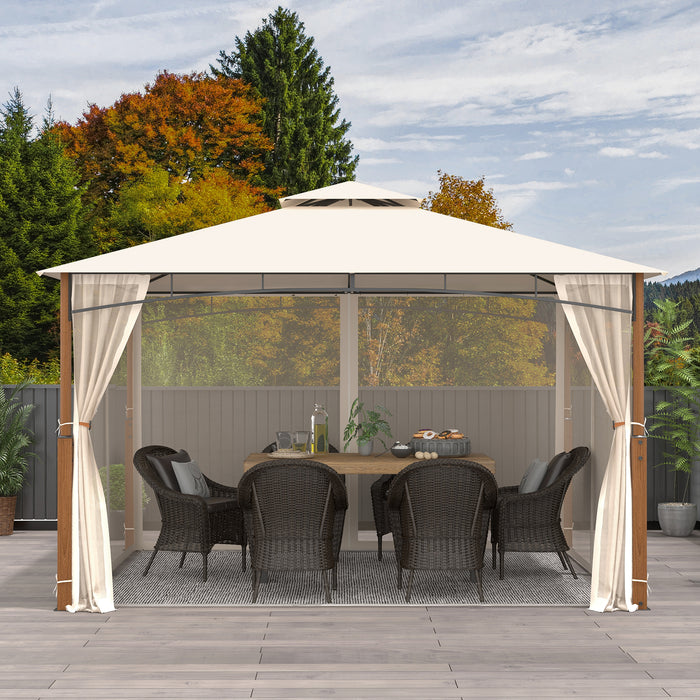 12 x 10 Feet Outdoor Patio Gazebo with Netting and 2-Tier Canopy Roof-Beige