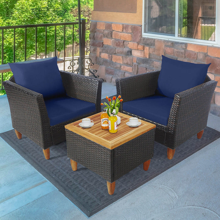 3 Pieces Patio Rattan Bistro Furniture Set with Wooden Table Top-Navy