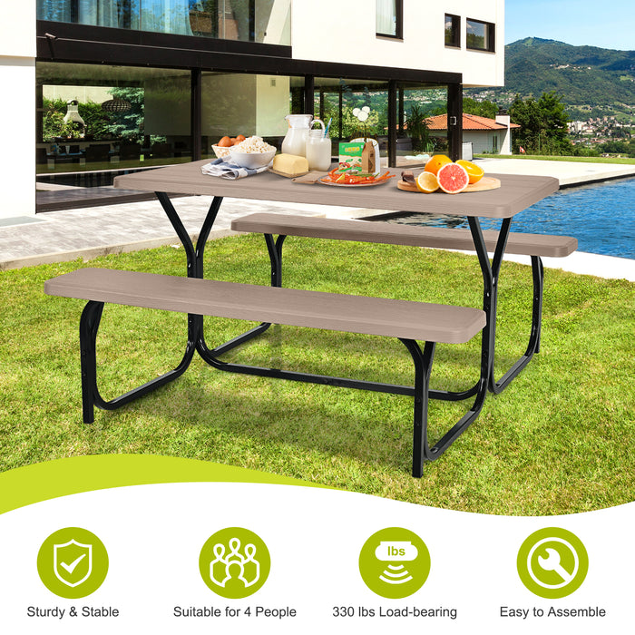 HDPE Outdoor Picnic Table Bench Set with Metal Base-Coffee