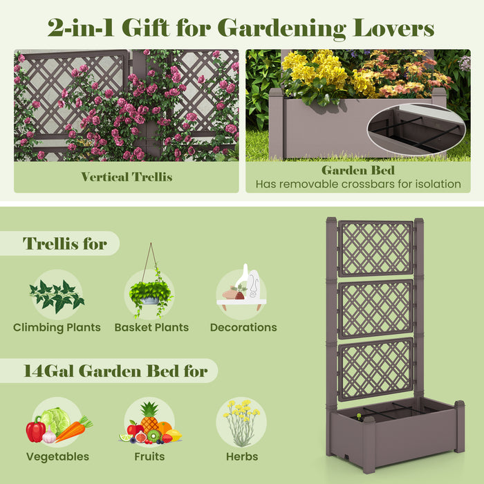 Outdoor Planter Box Self-Watering Raised Garden Bed Trellis with Water Level Indicator-Coffee