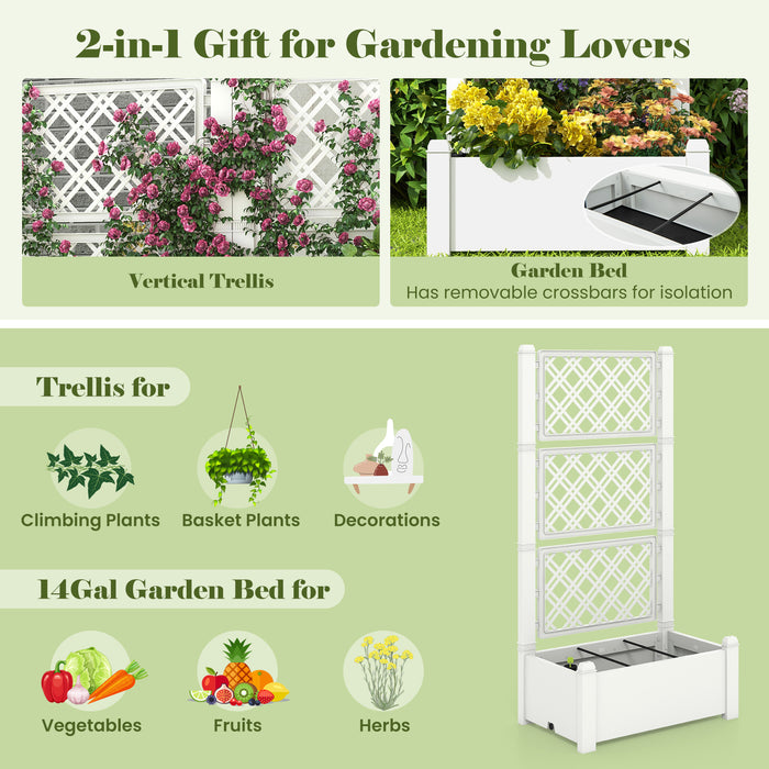 Outdoor Planter Box Self-Watering Raised Garden Bed Trellis with Water Level Indicator-White