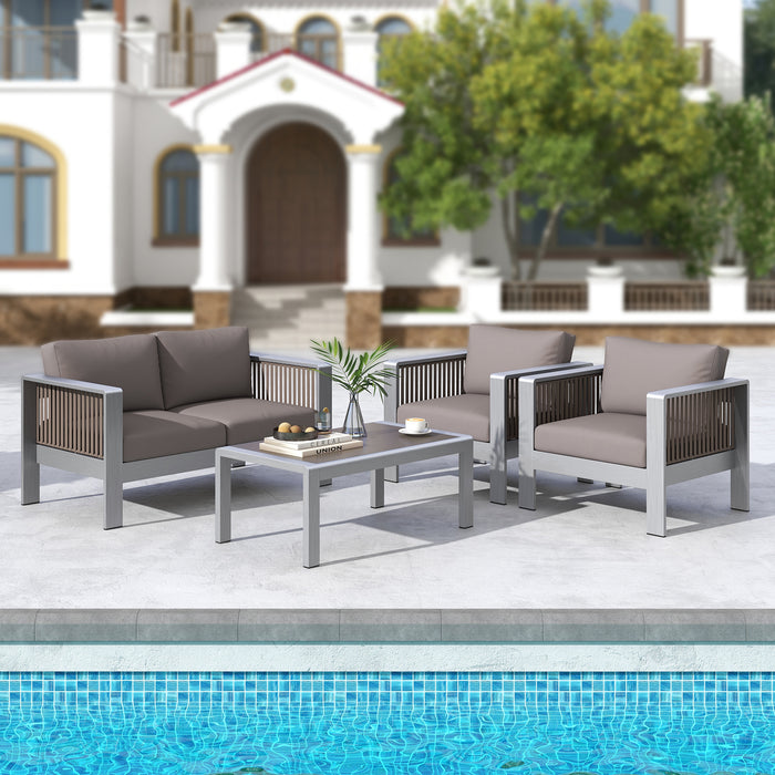 Outdoor Rectangle Coffee Table with Tempered Glass Tabletop for Backyard Poolside-Gray