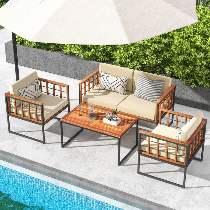 4 Pieces Acacia Wood Outdoor Sofa Set for Balcony  Porch  Backyard  Poolside