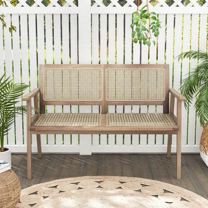 Indonesia Teak Wood Garden Bench with Armrests and Natural Rattan Backrest