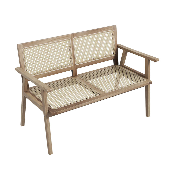 Indonesia Teak Wood Garden Bench with Armrests and Natural Rattan Backrest