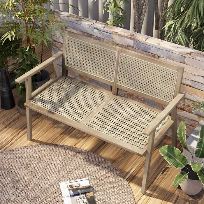 Indonesia Teak Wood Garden Bench with Armrests and Natural Rattan Backrest