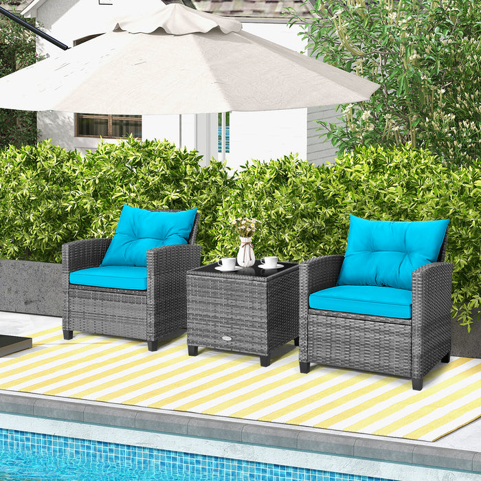 3 Pieces Outdoor Wicker Conversation Set with Tempered Glass Tabletop-Turquoise