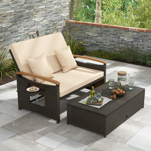 Outdoor Wicker Daybed with Folding Panels and Storage Ottoman-Beige