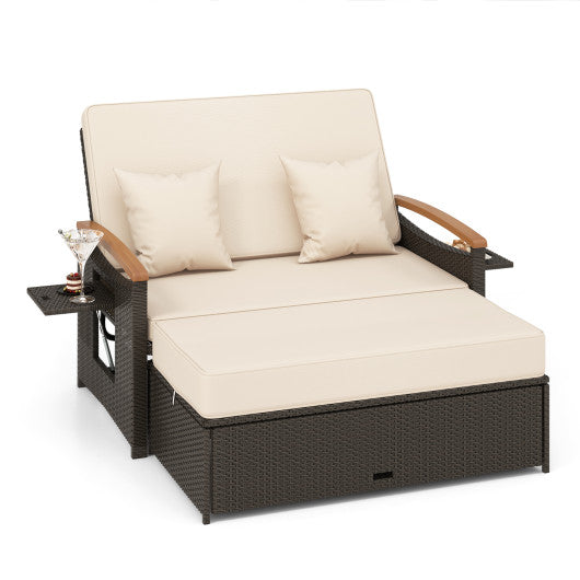 Outdoor Wicker Daybed with Folding Panels and Storage Ottoman-Beige