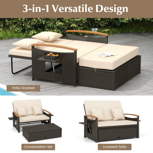 Outdoor Wicker Daybed with Folding Panels and Storage Ottoman-Beige