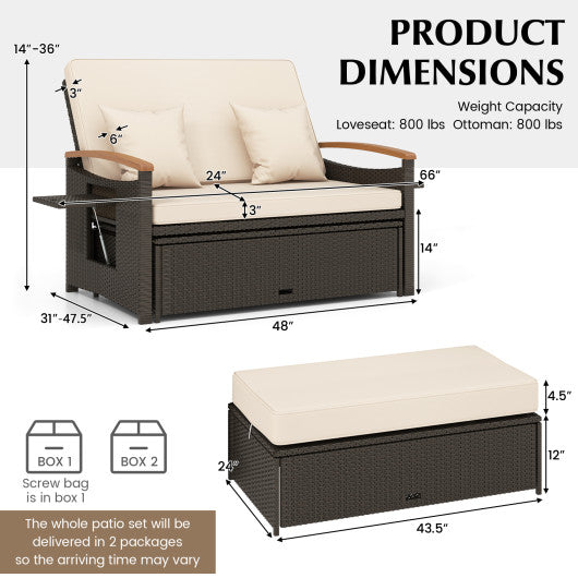 Outdoor Wicker Daybed with Folding Panels and Storage Ottoman-Beige