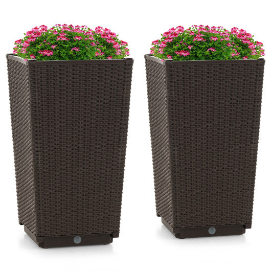 Outdoor Wicker Flower Pot Set of 2 with Drainage Hole for Porch Balcony-Brown