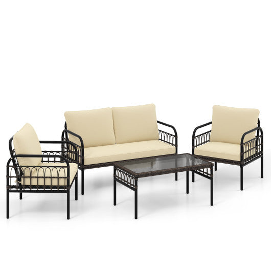 4 Pieces Outdoor Wicker Conversation Bistro Set with Soft Cushions and Tempered Glass Coffee Table-Beige