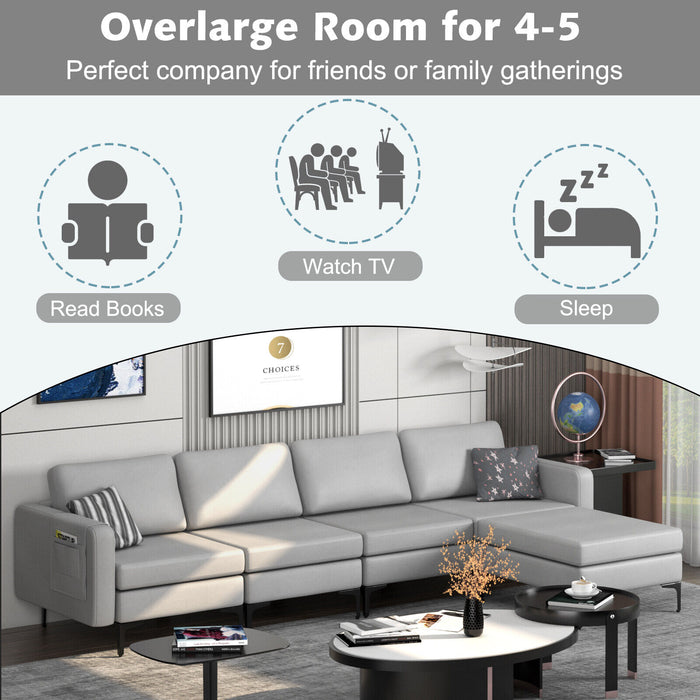 Modular L-shaped Sectional Sofa with Reversible Ottoman and 2 USB Ports-Light Gray