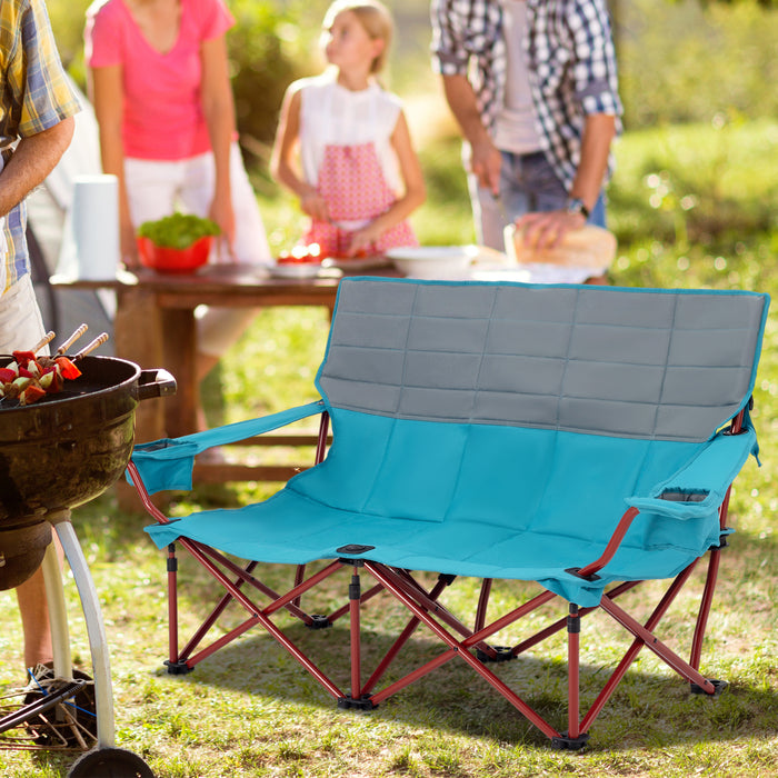 Oversized Camping Chair Folding Loveseat Camping Couch with Cup Holders & Thick Padding-Blue