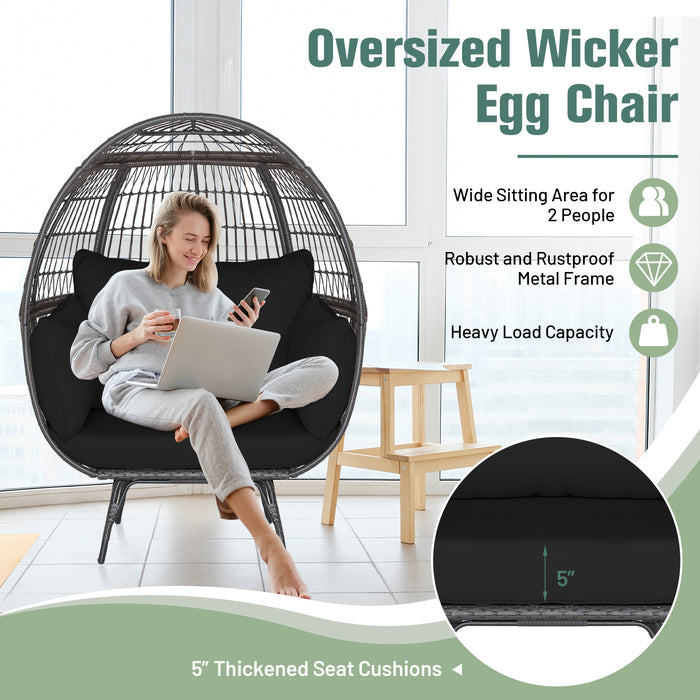 Oversized Indoor Wicker Egg Chair with Sturdy Metal Frame for Patio-Black