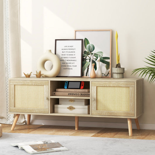 PE Rattan Media Console Table with 2 Cabinets and Open Shelves