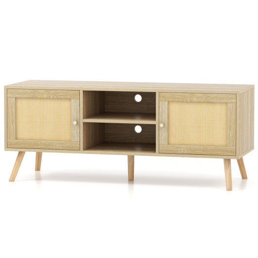 PE Rattan Media Console Table with 2 Cabinets and Open Shelves