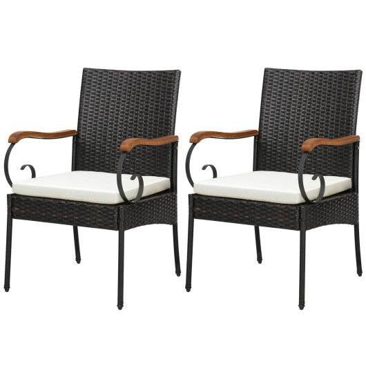 Set of 2/4 Outdoor PE Wicker Chair with Acacia Wood Armrests-Set of 2