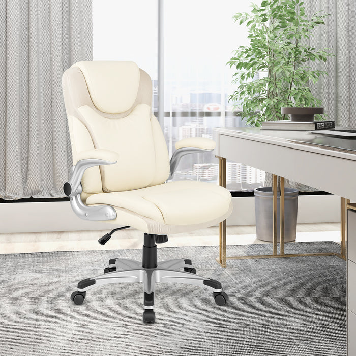 Ergonomic Office PU Leather Executive Chair with Flip-up Armrests and Rocking Function-White