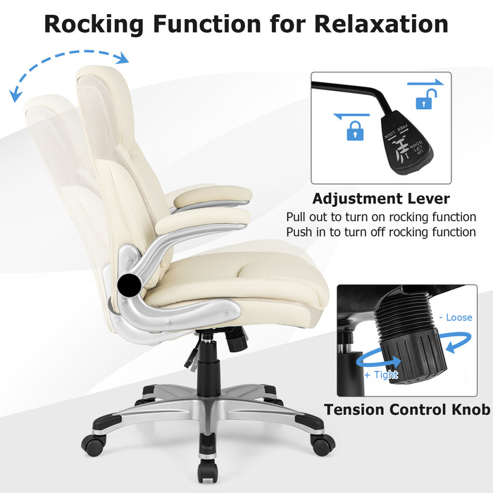 Ergonomic Office PU Leather Executive Chair with Flip-up Armrests and Rocking Function-White