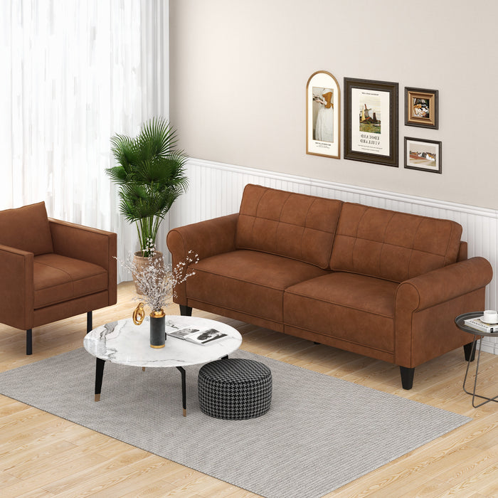 PU Leather Modern 3-Seater Sofa Couch with 2 Detachable Back Pillows-Brown