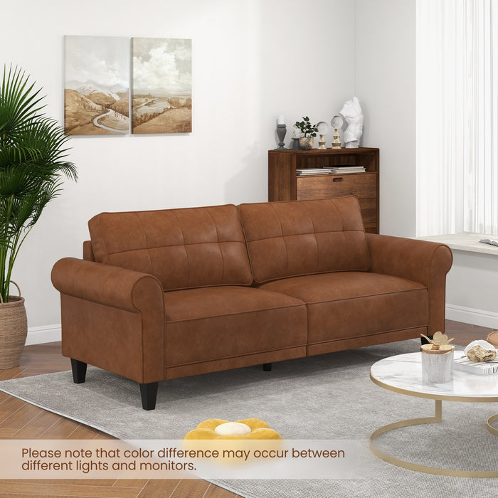 PU Leather Modern 3-Seater Sofa Couch with 2 Detachable Back Pillows-Brown